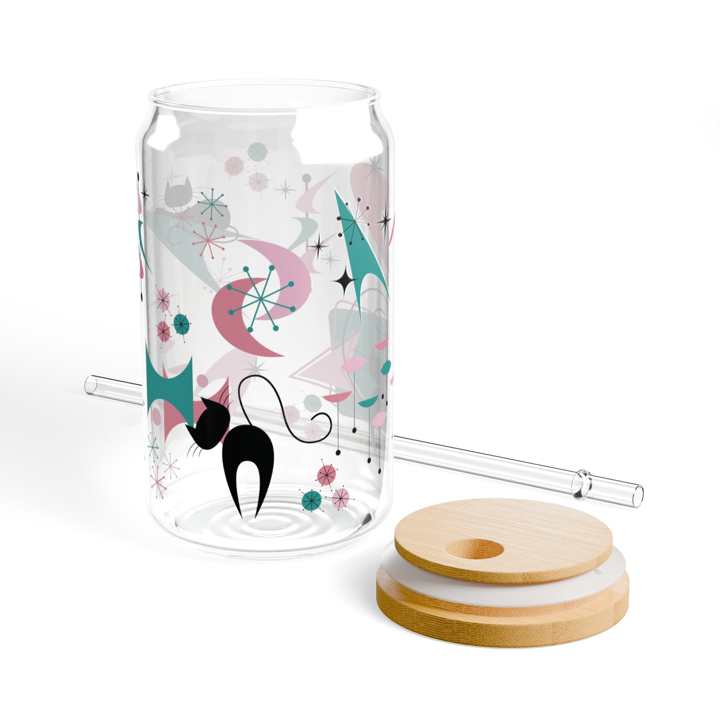 Retro 50s Atomic Black Cats Mid Century Modern Pink & Teal Green Glass Can Sipper
