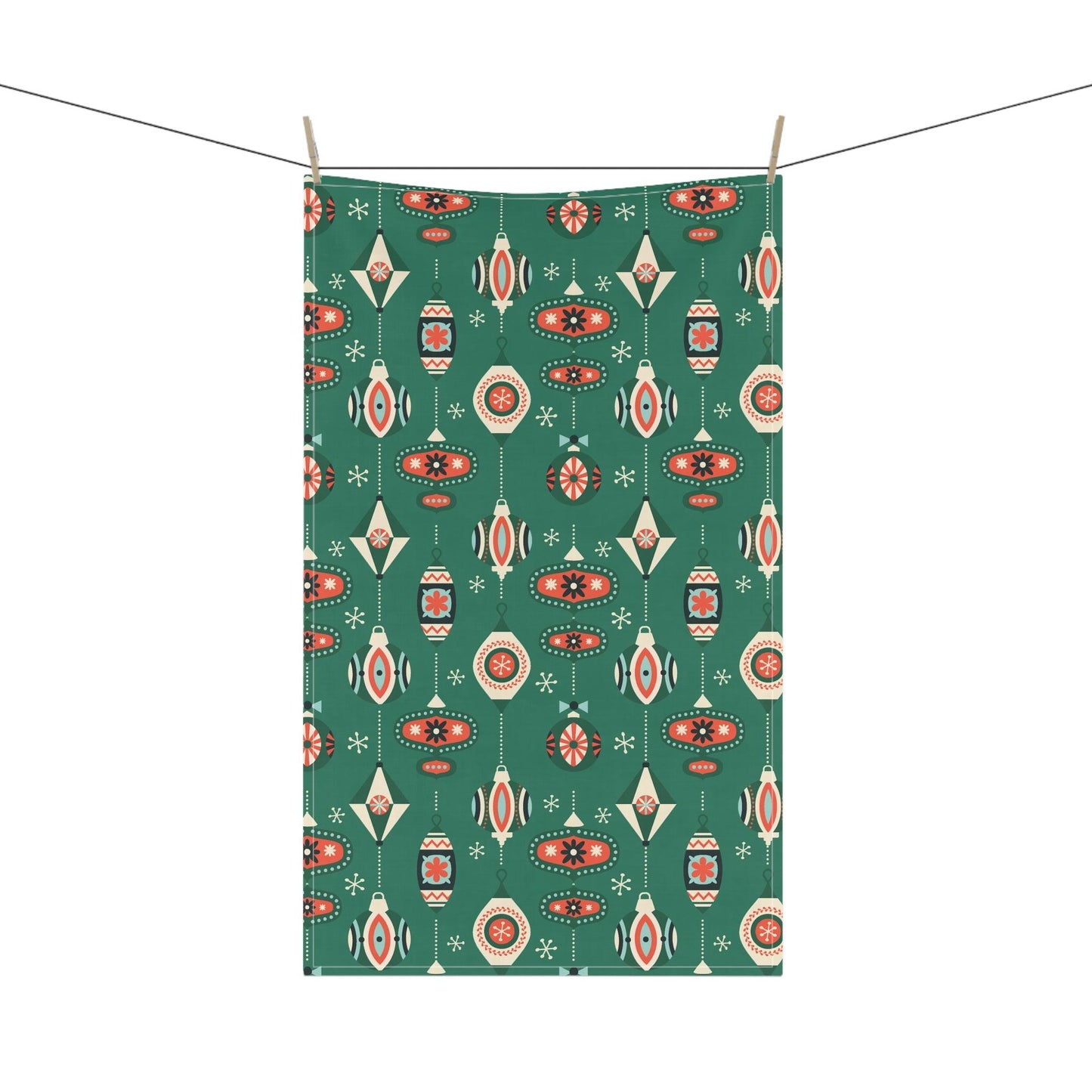 Retro 1950's Christmas Mid Century Modern Baubles & Ornaments Green Kitchen Tea Towel | lovevisionkarma.com