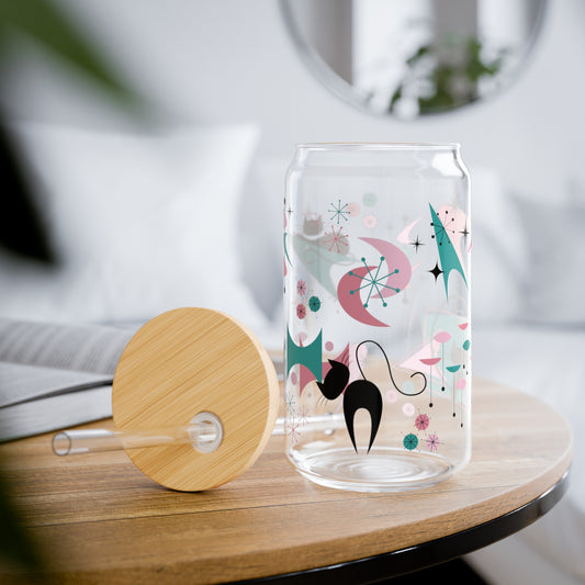 Retro 50s Atomic Black Cats Mid Century Modern Pink & Teal Green Glass Can Sipper