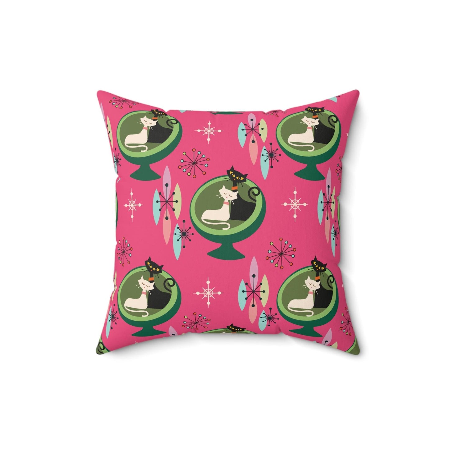 Retro 50s Atomic Cat Couple in Ball Chair MCM Pink & Green Pillow | lovevisionkarma.com