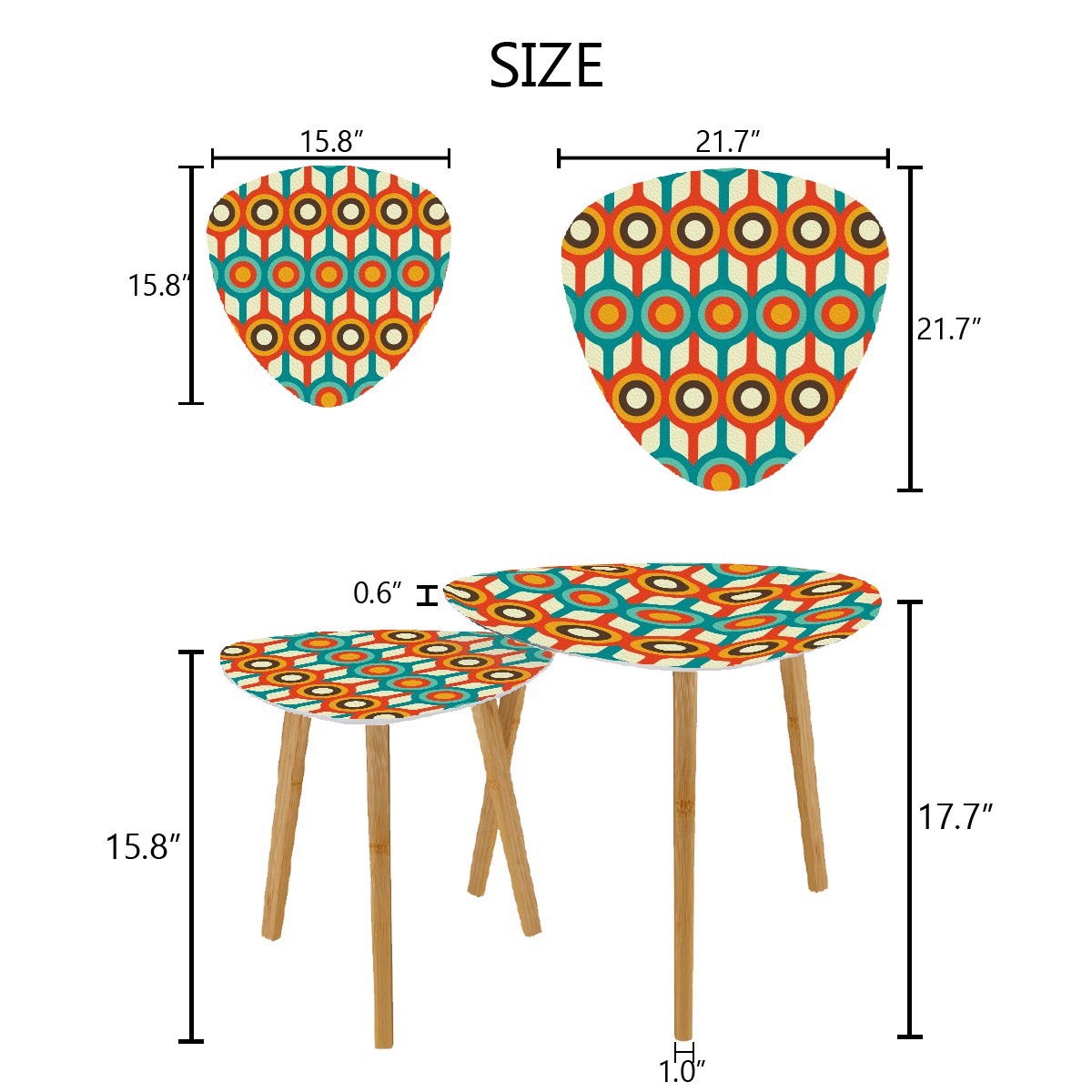 Retro 50s 60s Mid Century Mod Geometric Circles Blue, Orange & Brown Nesting Accent Tables