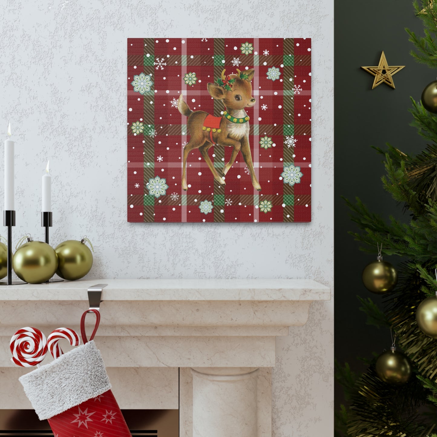 Retro 50's Christmas Vintage Reindeer MCM Red & Green Canvas Gallery Wrap