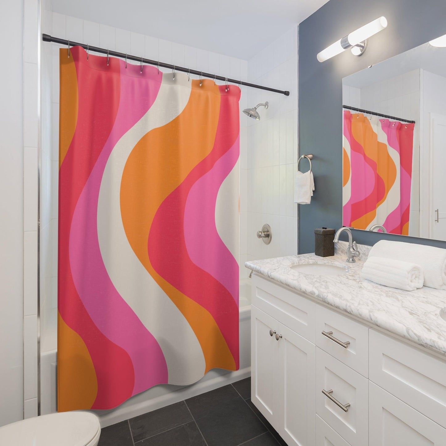 Retro 60s Groovy Hippie Swirl MCM Pink & Orange Shower Curtain | lovevisionkarma.com