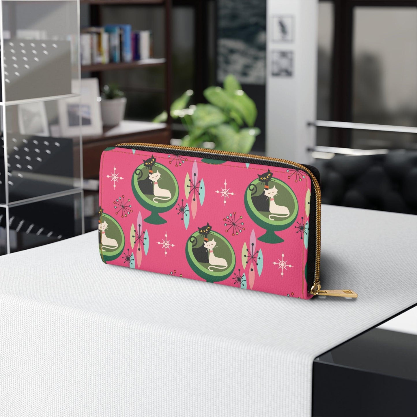 Retro 50s 60s Atomic Cats in Ball Chair Mid Century Mod Pink Zipper Wallet | lovevisionkarma.com