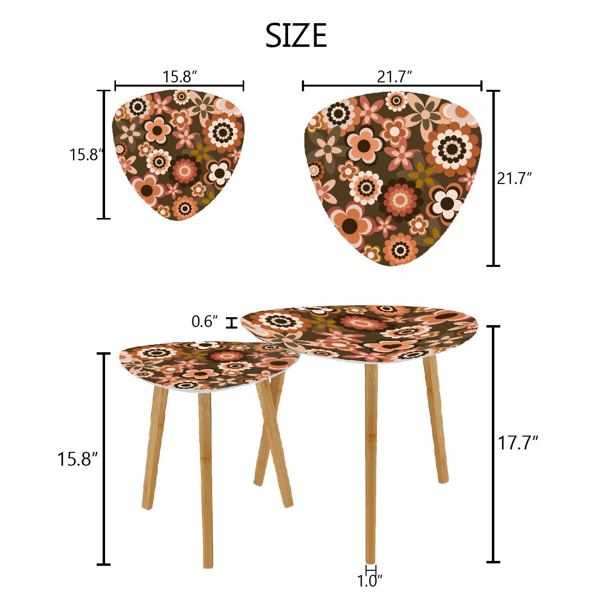 Retro 60s 70s Groovy Flowers Boho MCM Brown Nesting Accent Tables