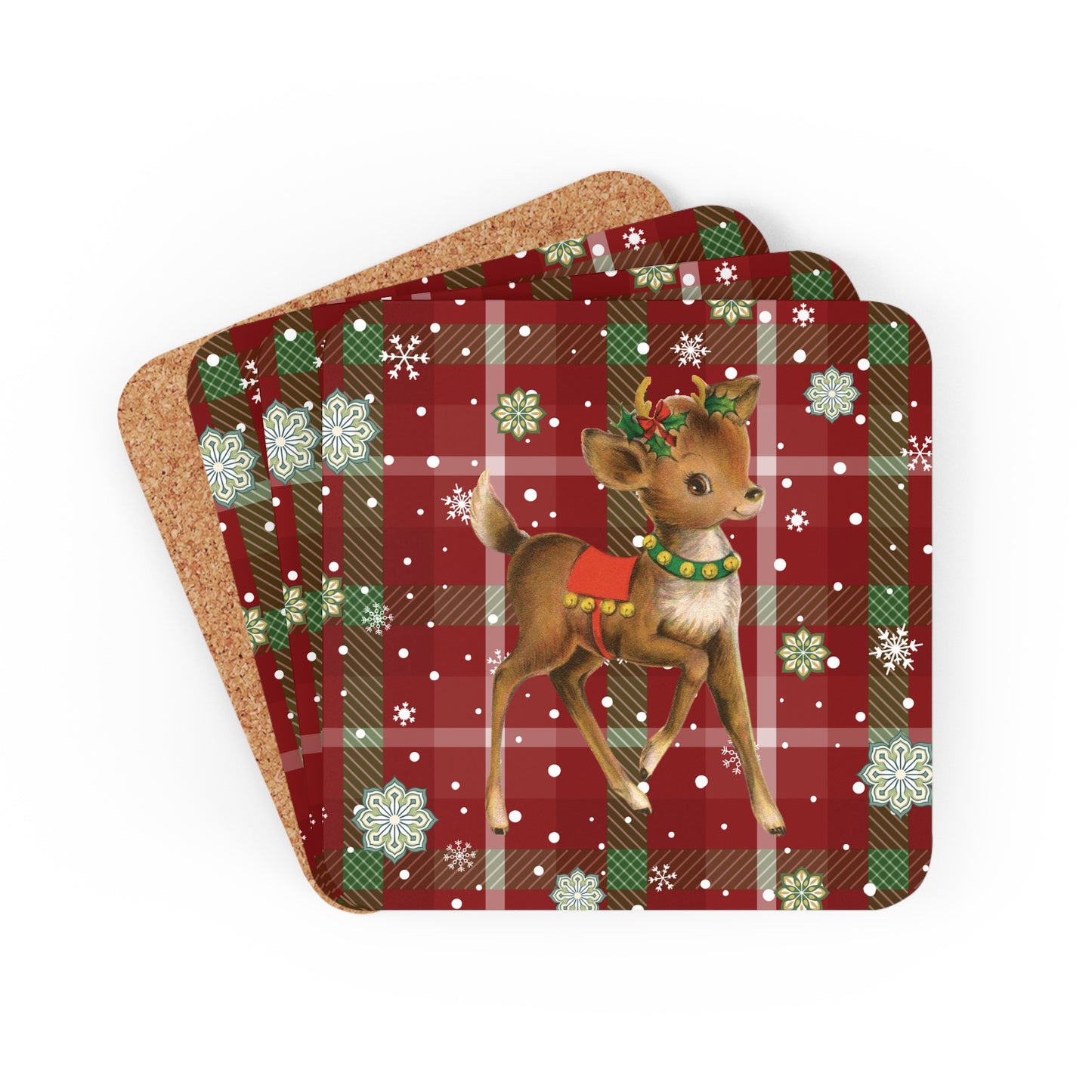 Retro 50's Christmas Vintage Reindeer MCM Red & Green Coaster Set