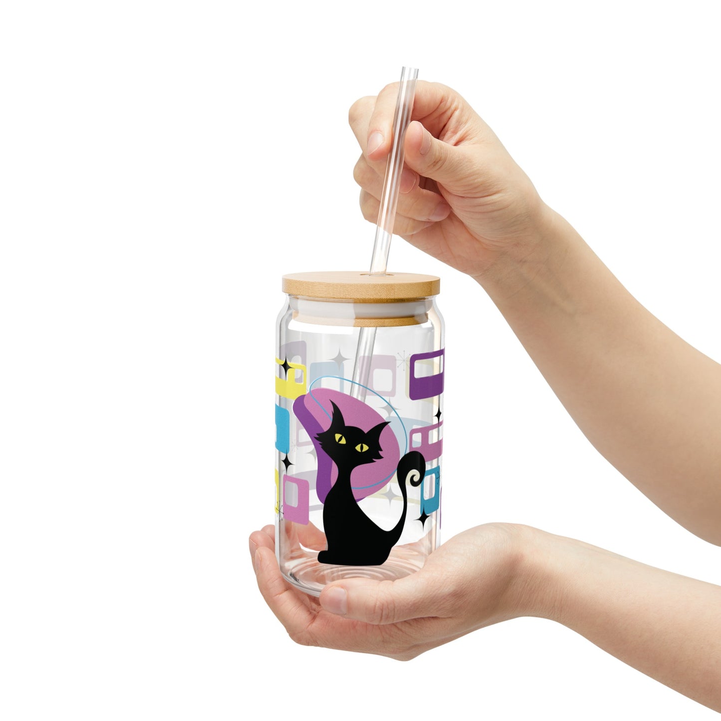 Atomic Cat Mid Century Modern Pink, Purple & Blue Glass Can Sipper