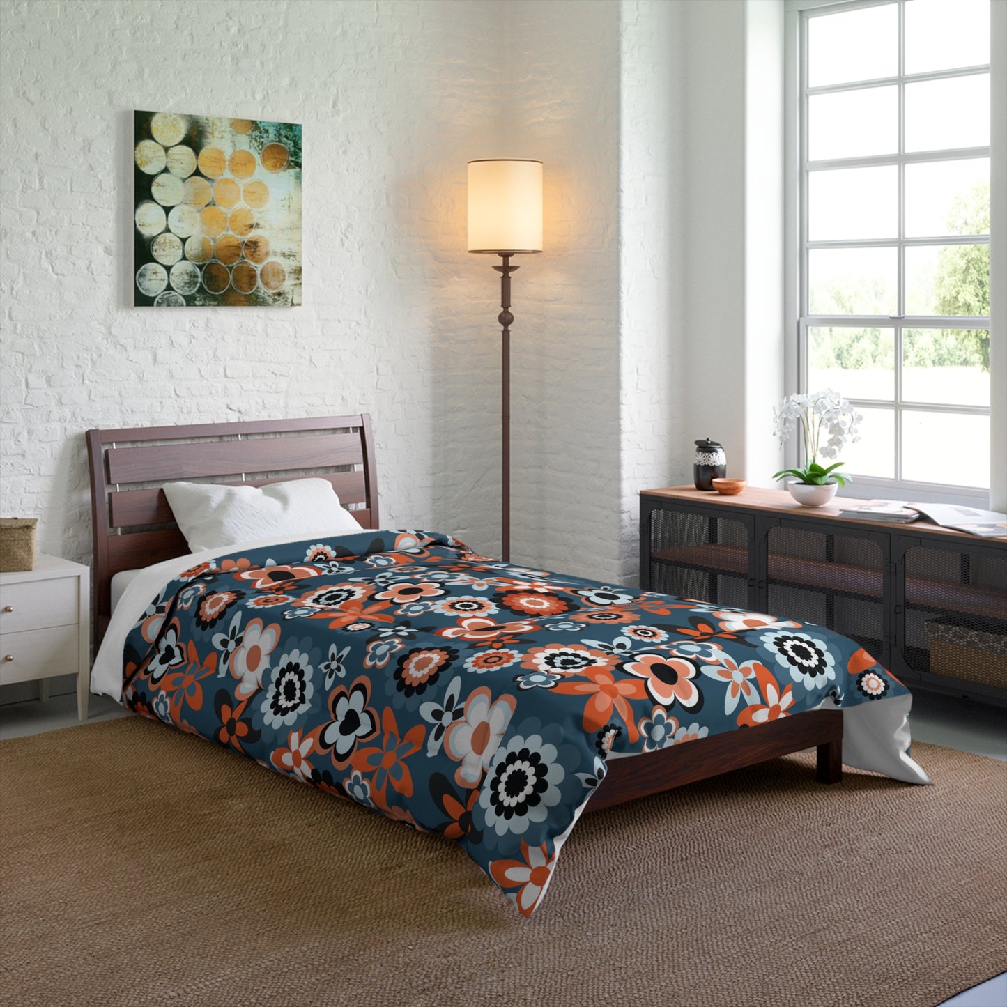 Retro 60s 70s Groovy Flowers Mid Century Mod Coral & Blue Comforter
