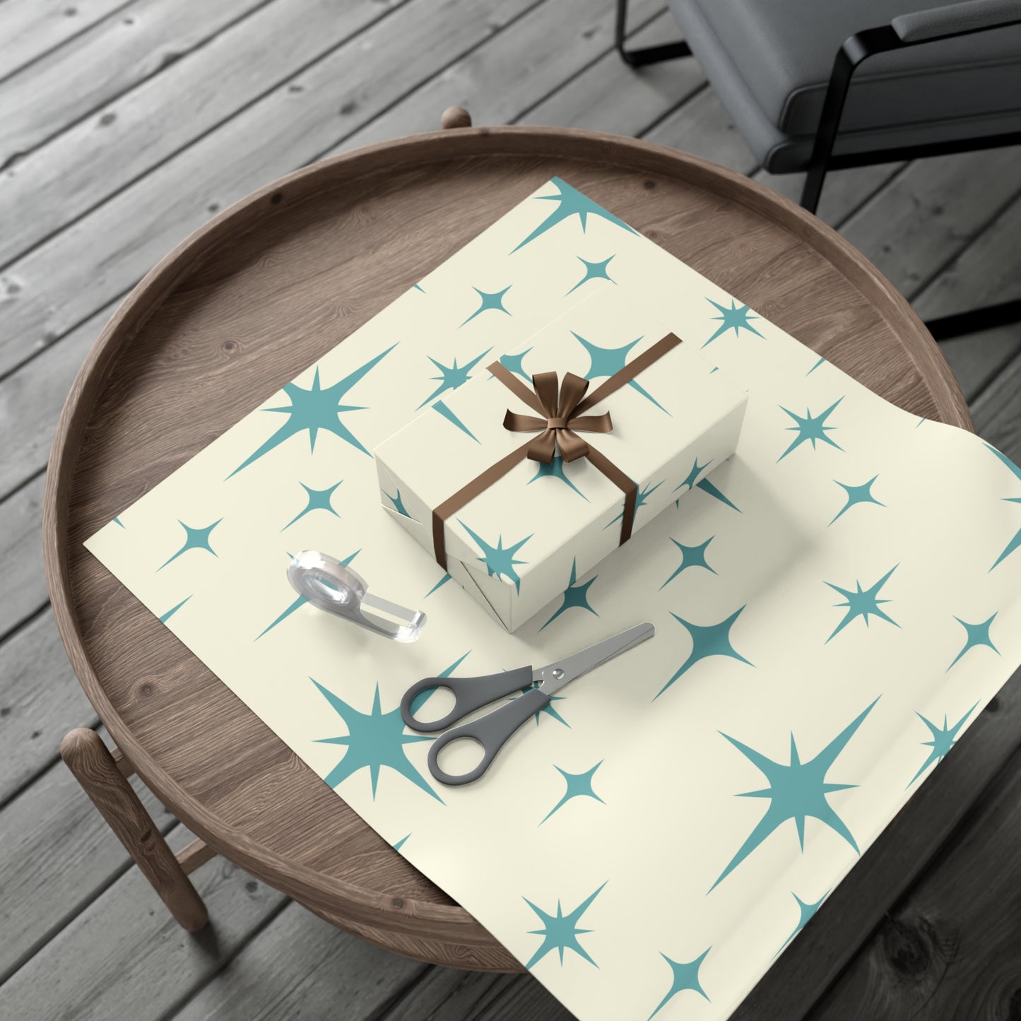 Large Starburst Version of Retro Atomic Starburst MCM Off-White & Blue Gift Wrapping Paper