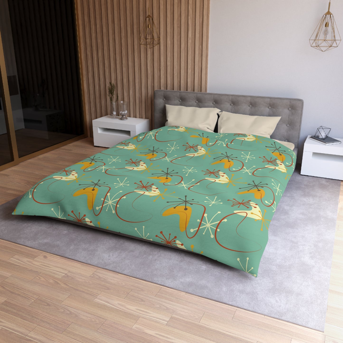 Retro Atomic Starburst & Boomerang Mid Century Blue & Mustard Duvet Cover