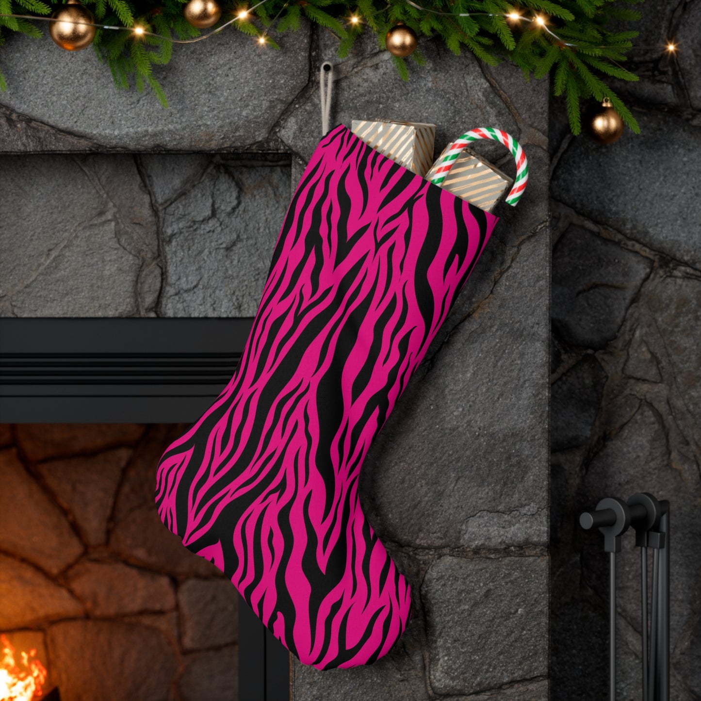 Pink Tiger Stripe Animal Print Christmas Stocking