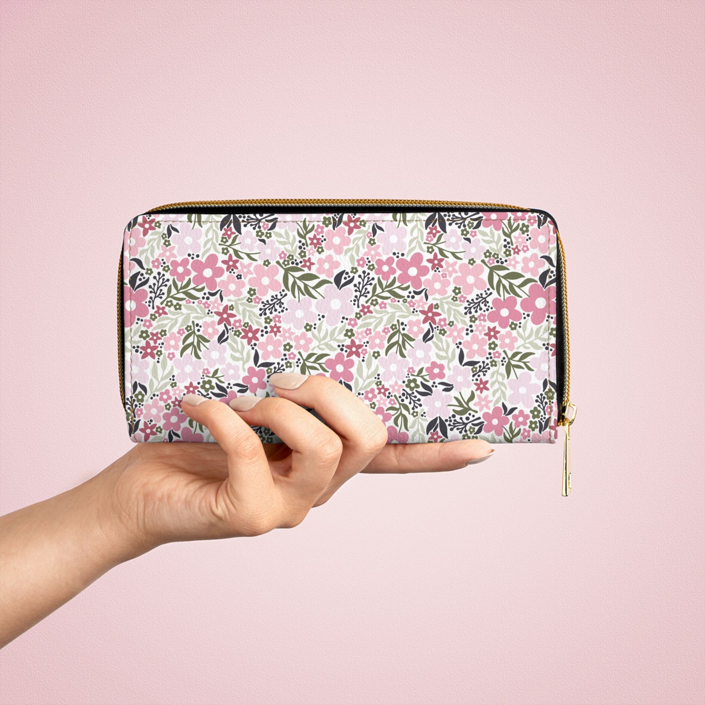 Retro Minimalist Scandi Flowers Cottagecore MCM Vintage Inspired Pink & Green Zipper Wallet