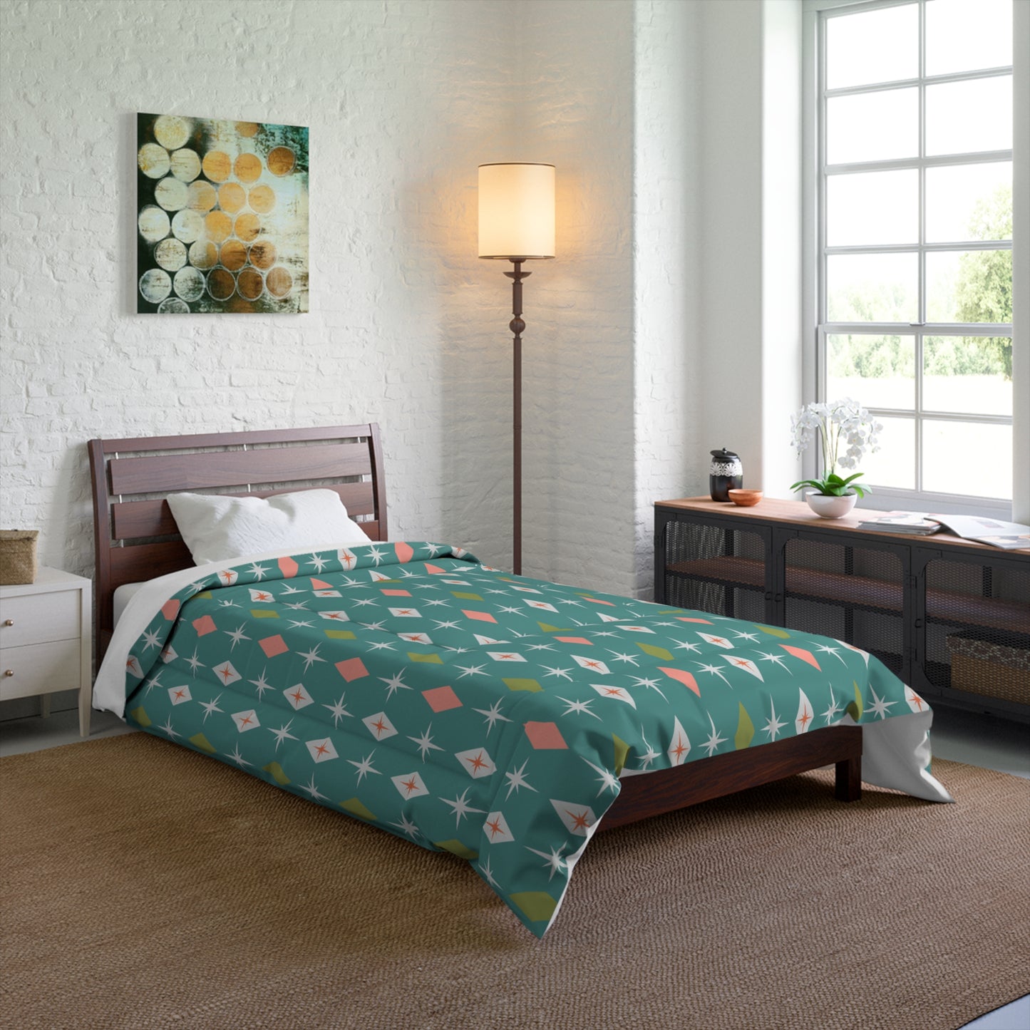 Retro 50s Atomic Burst & Diamond Mid Century Mod Teal, Pink & Green Comforter