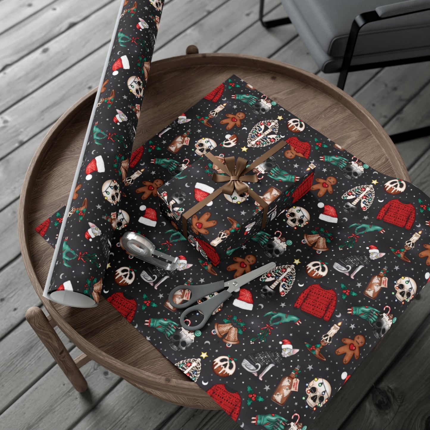 Kitschy Kawaii Goth Christmas, Creepy Cute Whimsigoth Creepmas Black Eco-Friendly Gift Wrap Paper