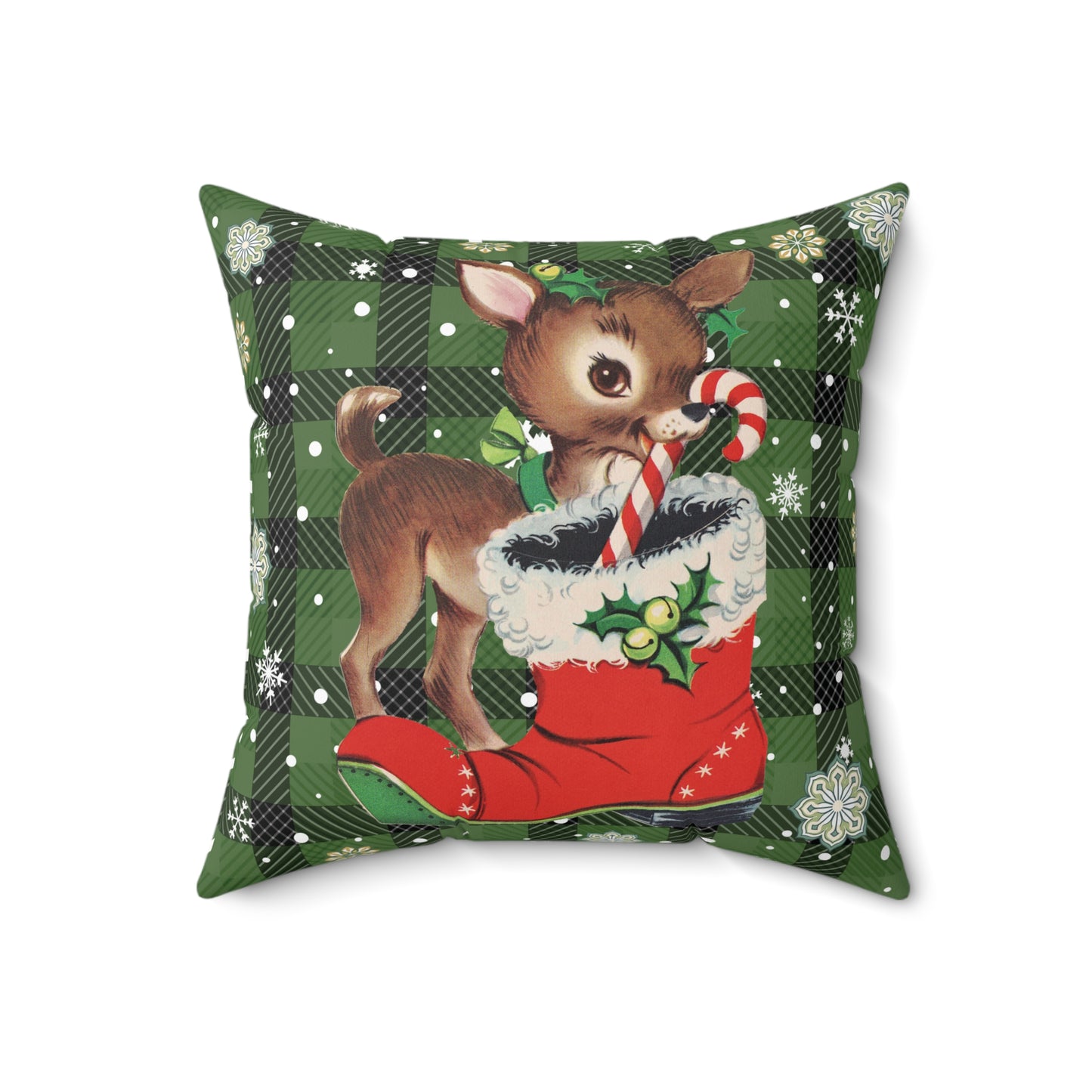 Retro 50s Christmas Vintage Reindeer MCM Green Throw Pillow