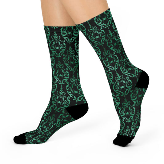 Dark Academia Damask Spider, Victorian Goth Inspired Green & Black Glam Goth Cushioned Crew Socks