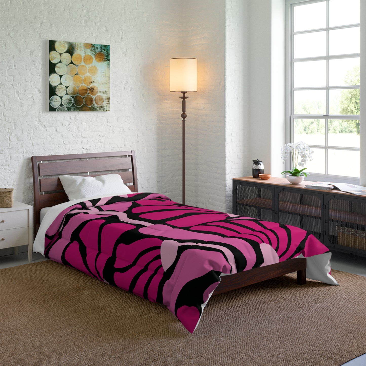 Groovy Mod Minimalist Flowers MCM Black & Pink Comforter