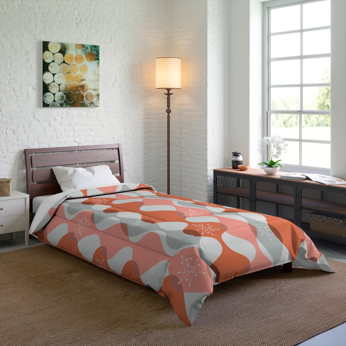 Retro 50's Mid Century Mod Atomic Starbursts & Waves Pink Comforter