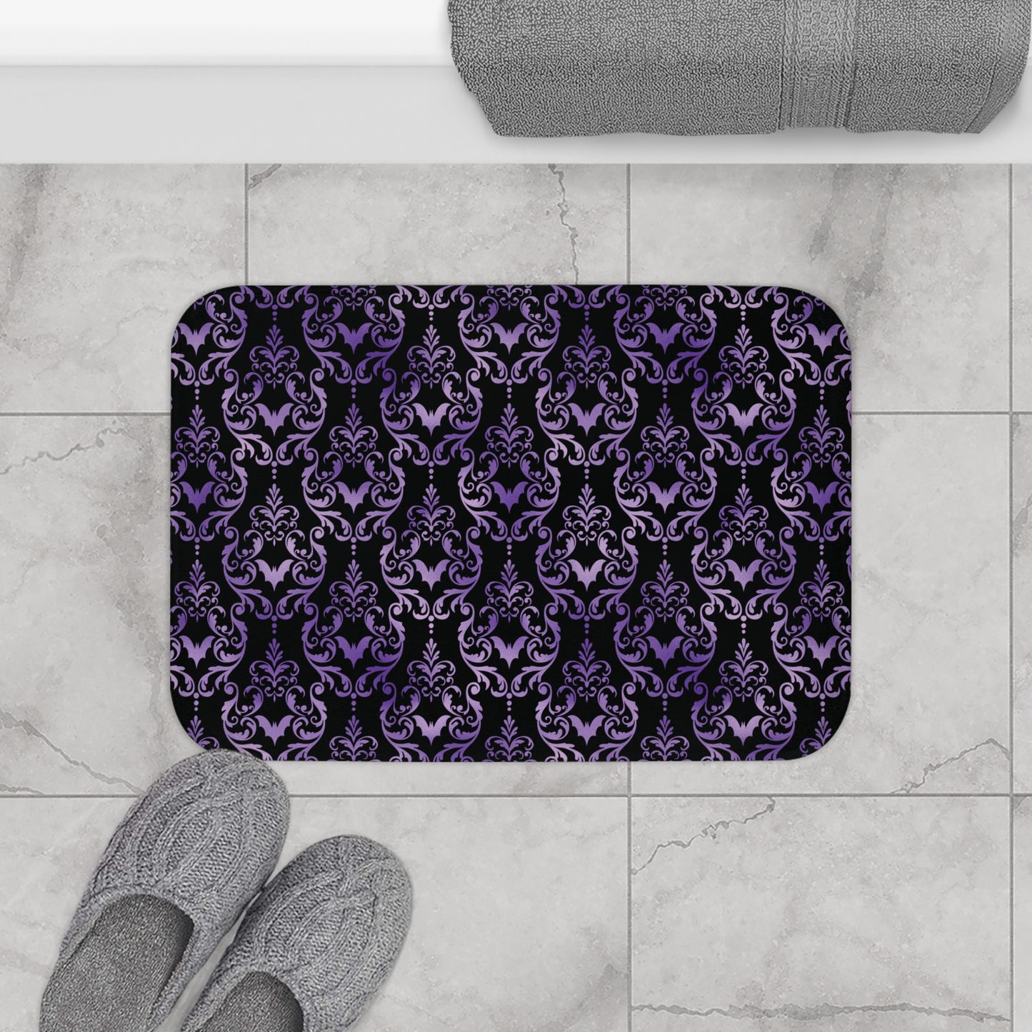Dark Academia Damask Bat, Victorian Goth Inspired Purple & Black Glam Goth Bath Mat