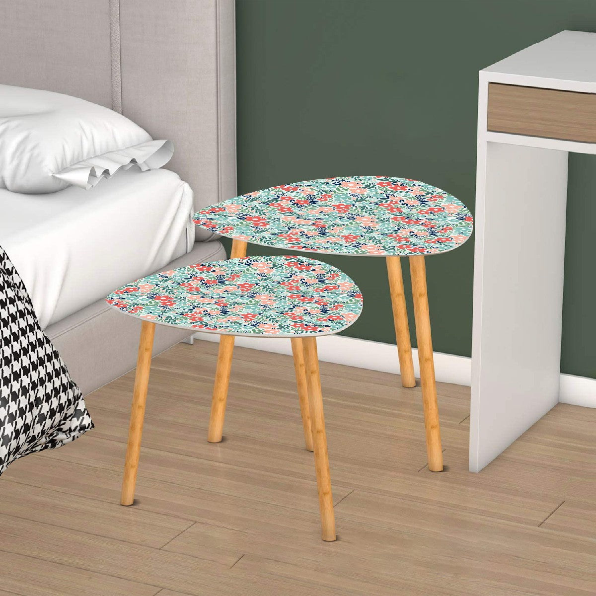 Retro Minimalist Scandi Flowers Cottagecore MCM Vintage Inspired Coral & Teal Nesting Accent Tables