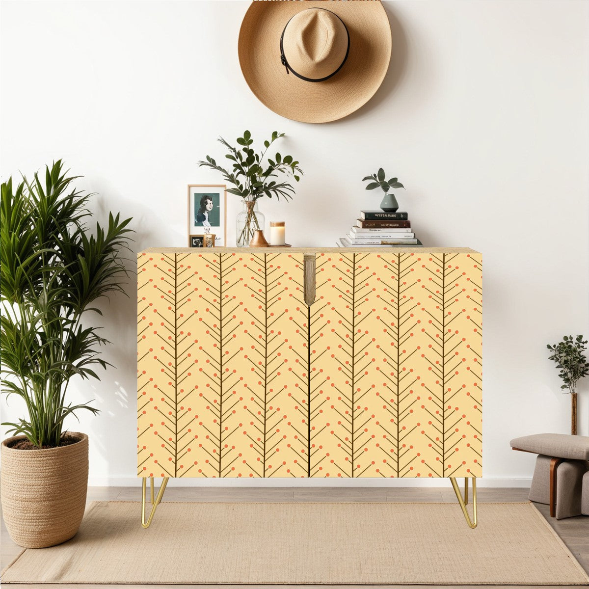 Retro 50s Mid Century Mod, Minimalist Scandi Trees, Vines Yellow Beige Sideboard, Credenza, Wooden Storage Cabinet