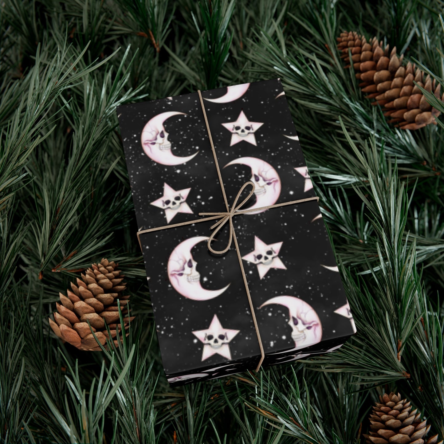 Goth Christmas Celestial Moon & Stars, Whimsical Kawaii Creepmas Black Eco-Friendly Gift Wrap