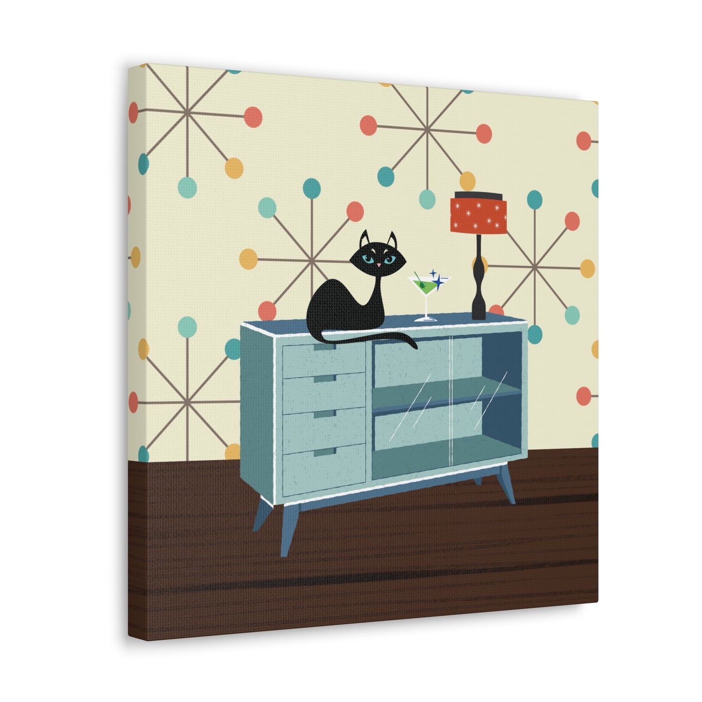 Retro 50s Atomic Cat Lounging Mid Century Mod Multicolor Canvas Gallery Wrap