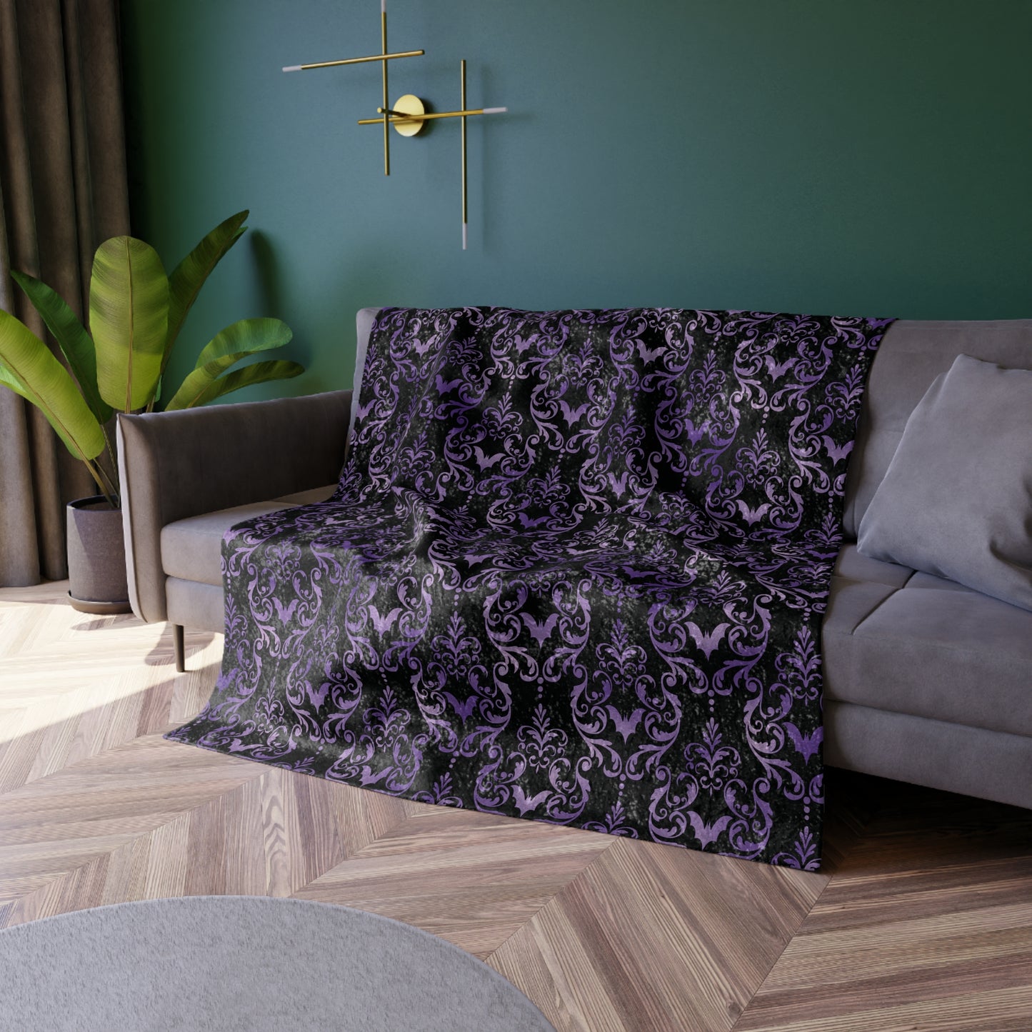 Dark Academia Damask Bat, Victorian Goth Inspired Purple & Black Glam Goth Crushed Velvet Blanket