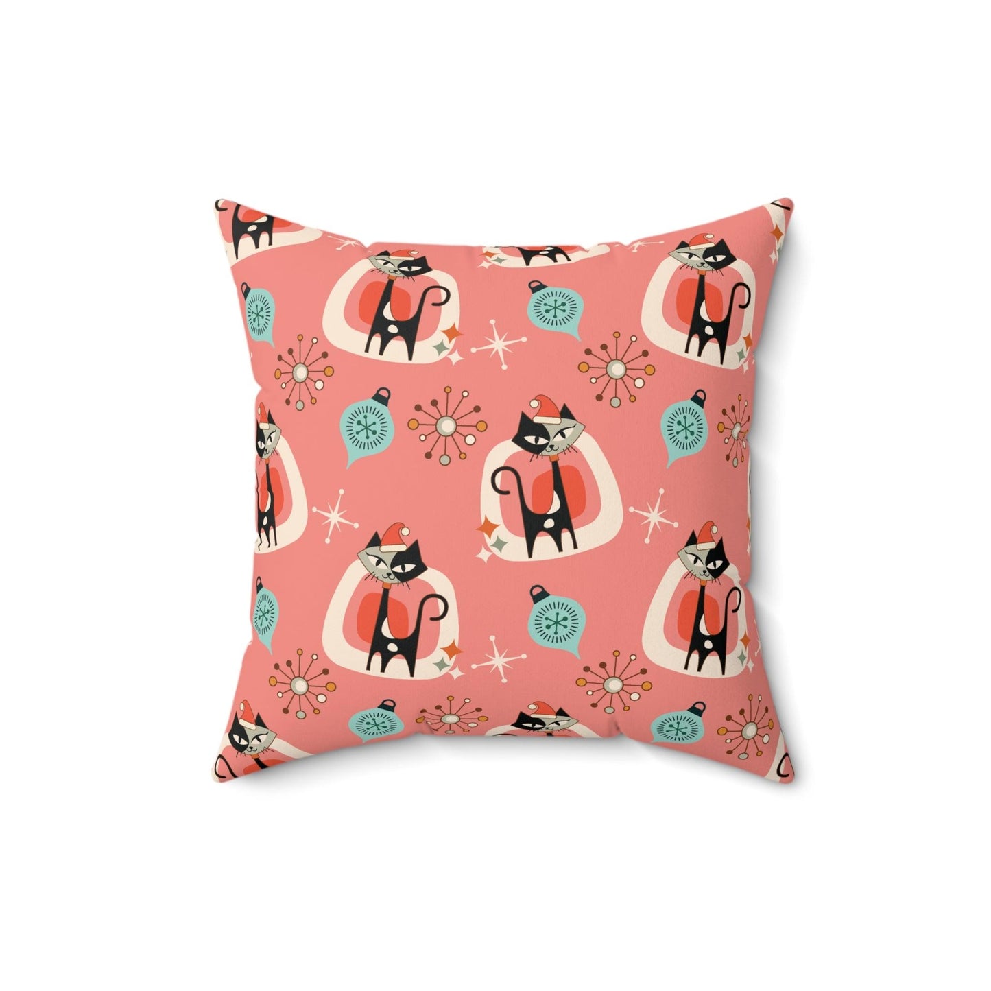 Retro 1950s Christmas Atomic Cats Mid Century Mod Pink Coral Throw Pillow | lovevisionkarma.com