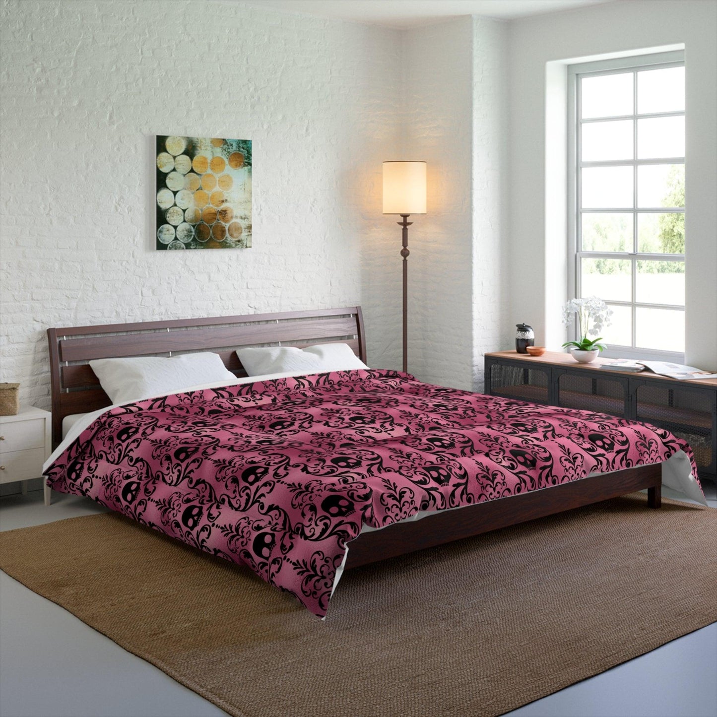 Goth Black Skull Damask Halloween Glam Goth Pink Comforter | lovevisionkarma.com