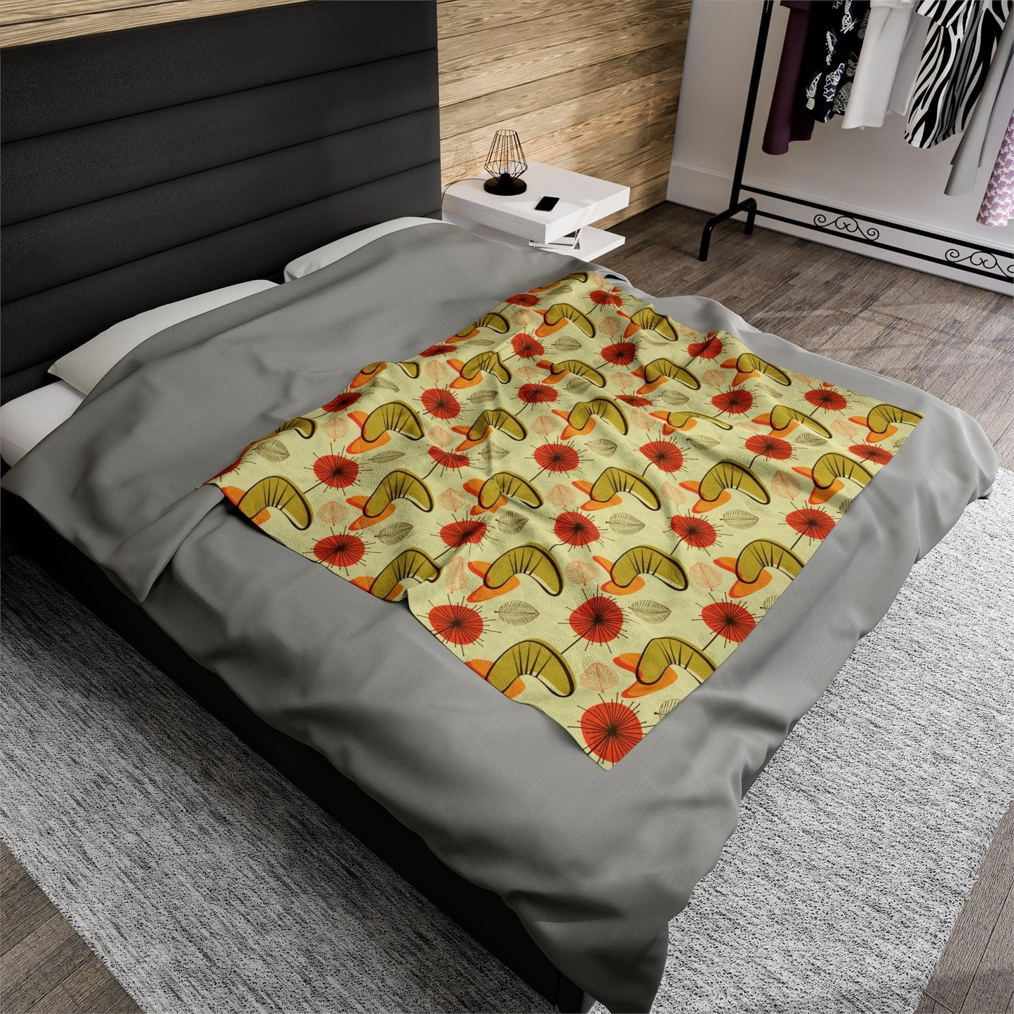 Retro Atomic Boomerangs & Leaves MCM Orange, Green & Yellow Lightweight Velveteen Blanket | lovevisionkarma.com