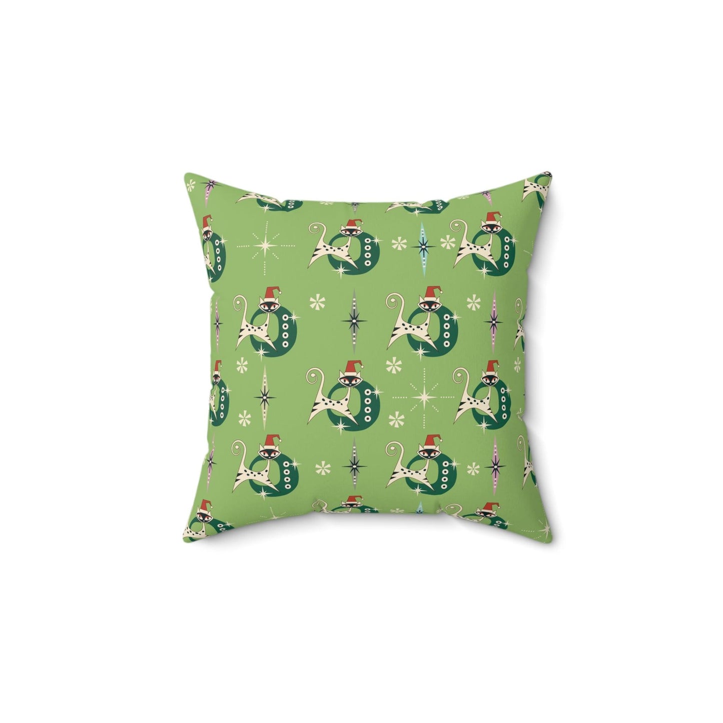 Retro 50s Kitsch Atomic Cats Mid Century Mod Light Green Christmas Throw Pillow | lovevisionkarma.com