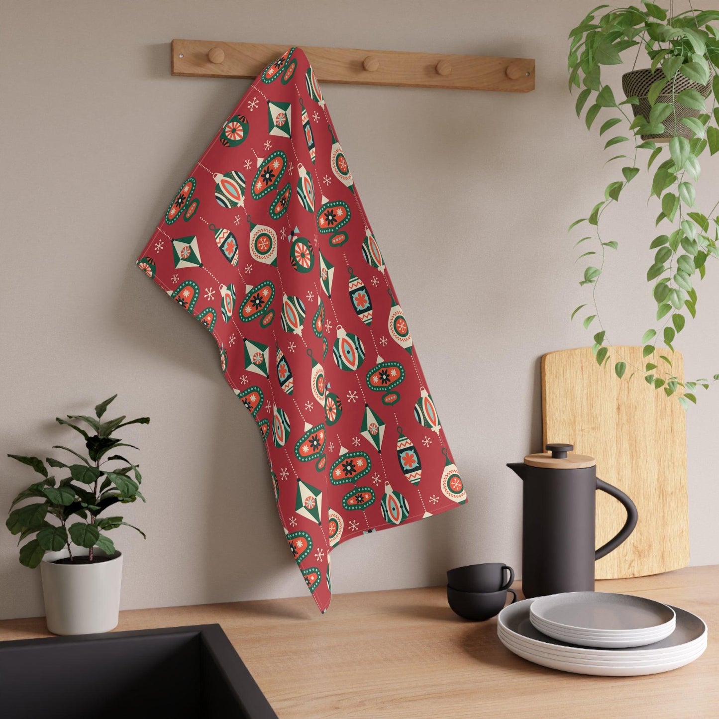 Retro 1950's Christmas Mid Century Modern Baubles & Ornaments Red Kitchen Tea Towel | lovevisionkarma.com