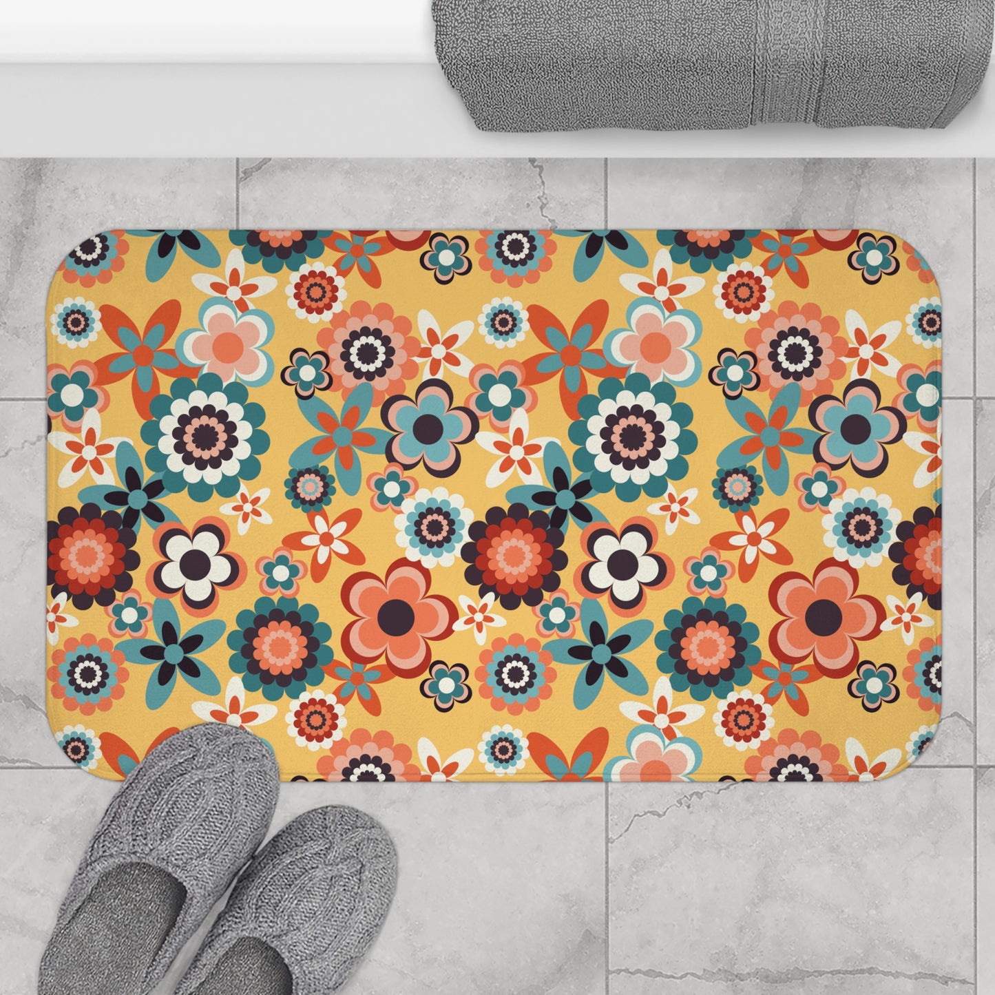 Retro 60s 70s Groovy Flowers Boho Mid Century Mod Yellow, Coral & Blue Bath Mat