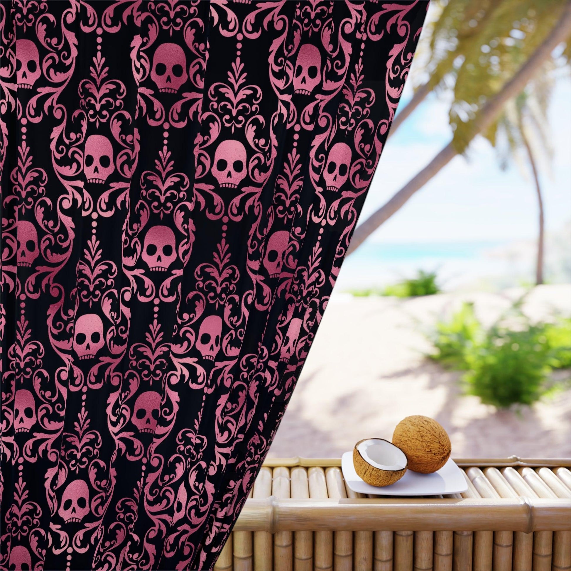 Victorian Goth Inspired Skull Damask Dark Academia Glam Goth Black & Pink Blackout Window Curtain Panel | lovevisionkarma.com