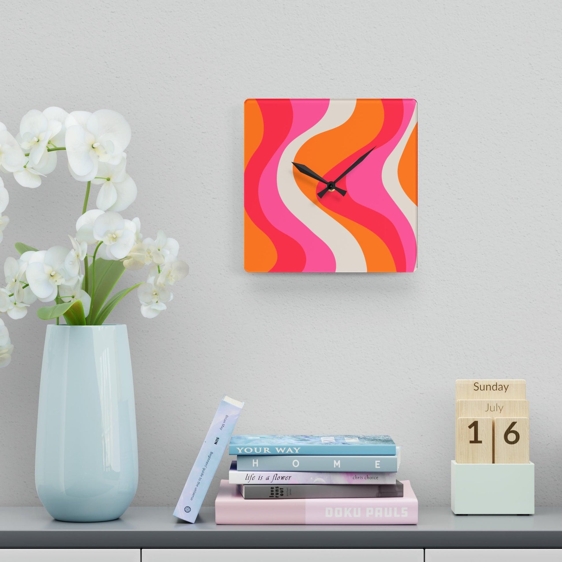 Groovy 60's Hippie Swirl Pink & Orange Mid Century Mod Acrylic Wall Clock | lovevisionkarma.com