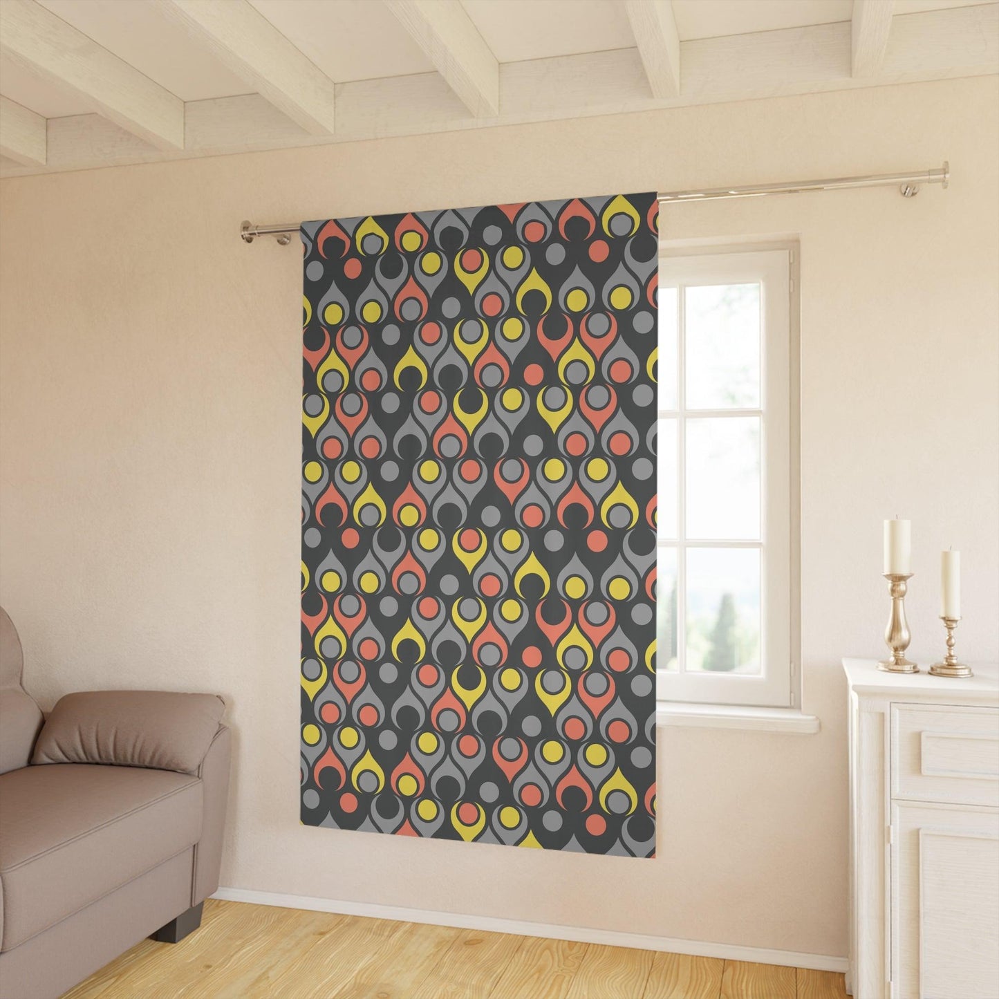 Retro Mid Century Funky Geometric Black, Gray, Yellow & Coral Blackout Window Curtain | lovevisionkarma.com