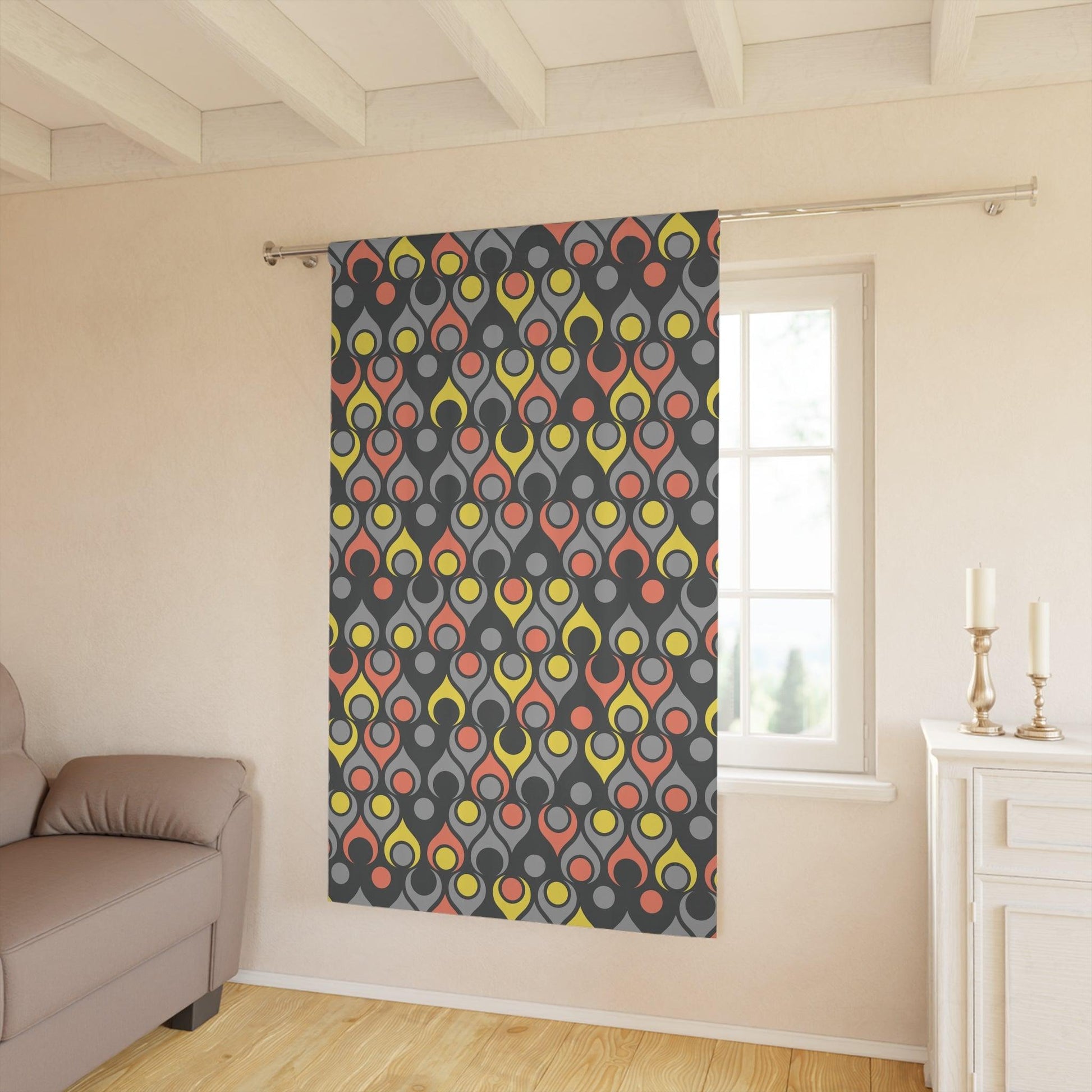 Retro Mid Century Funky Geometric Black, Gray, Yellow & Coral Blackout Window Curtain | lovevisionkarma.com