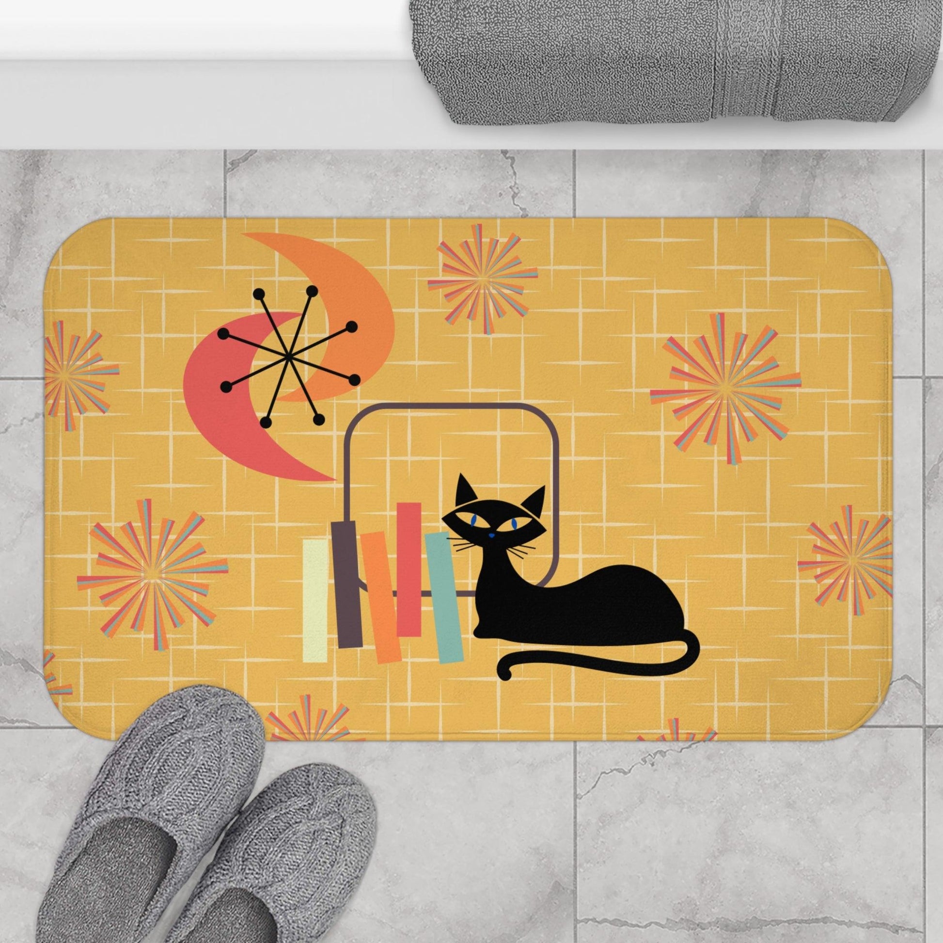 Retro Atomic Cat and Starbursts Mid Century Modern Yellow Bath Mat | lovevisionkarma.com