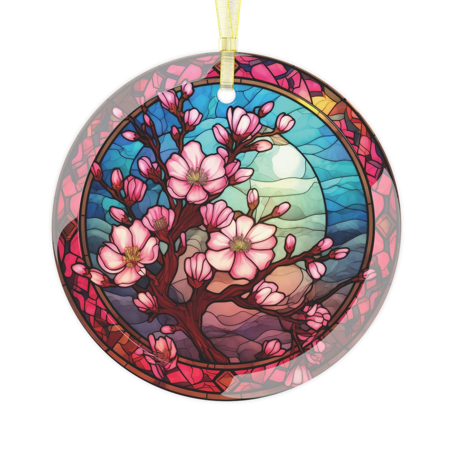 Sakura Cherry Blossom Branch, Colorful Stained Glass Inspired, Glass Ornament | lovevisionkarma.com