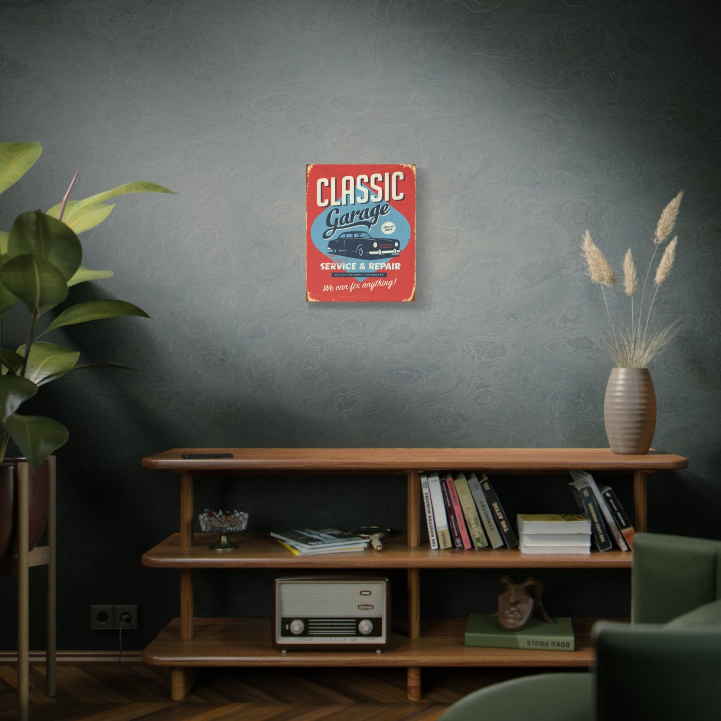 Retro 1950's Classic Car Garage Sign Mid Century Modern Orange & Blue Canvas Wall Art