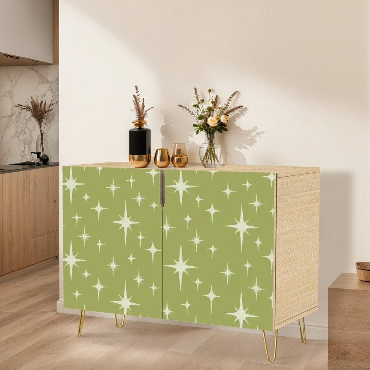 Retro 50s Atomic Starburst Mid Century Modern Chartreuse Green Sideboard, Credenza, Wooden Storage Cabinet