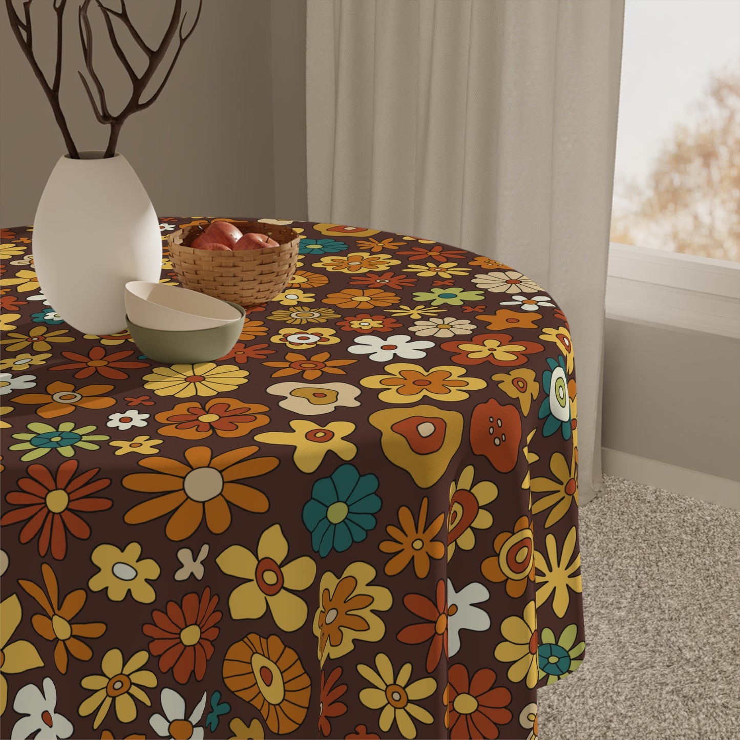 Retro 60s 70s Groovy Floral Mid Century Modern Brown Tablecloth
