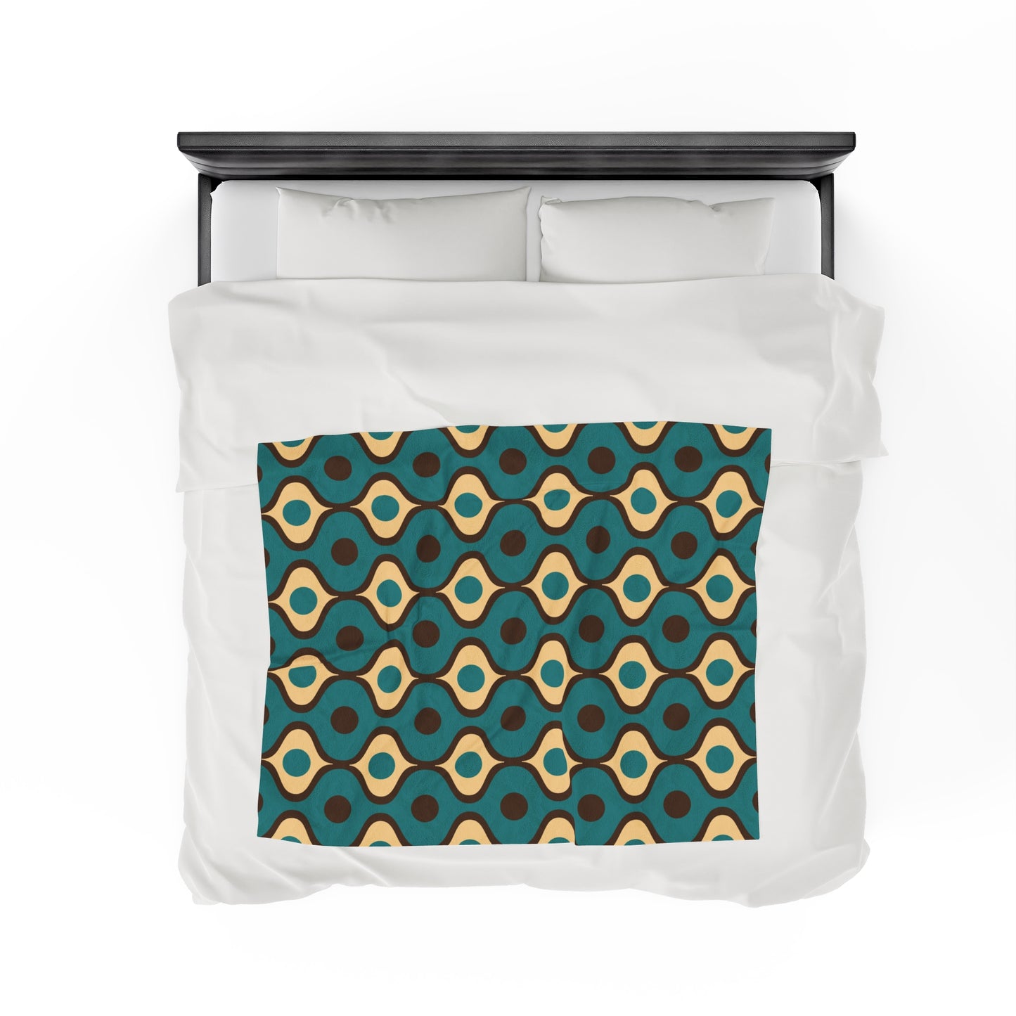 Retro 60s 70s Mid Century Mod Funky Geo Blue, Cream & Brown Lightweight Velveteen Blanket