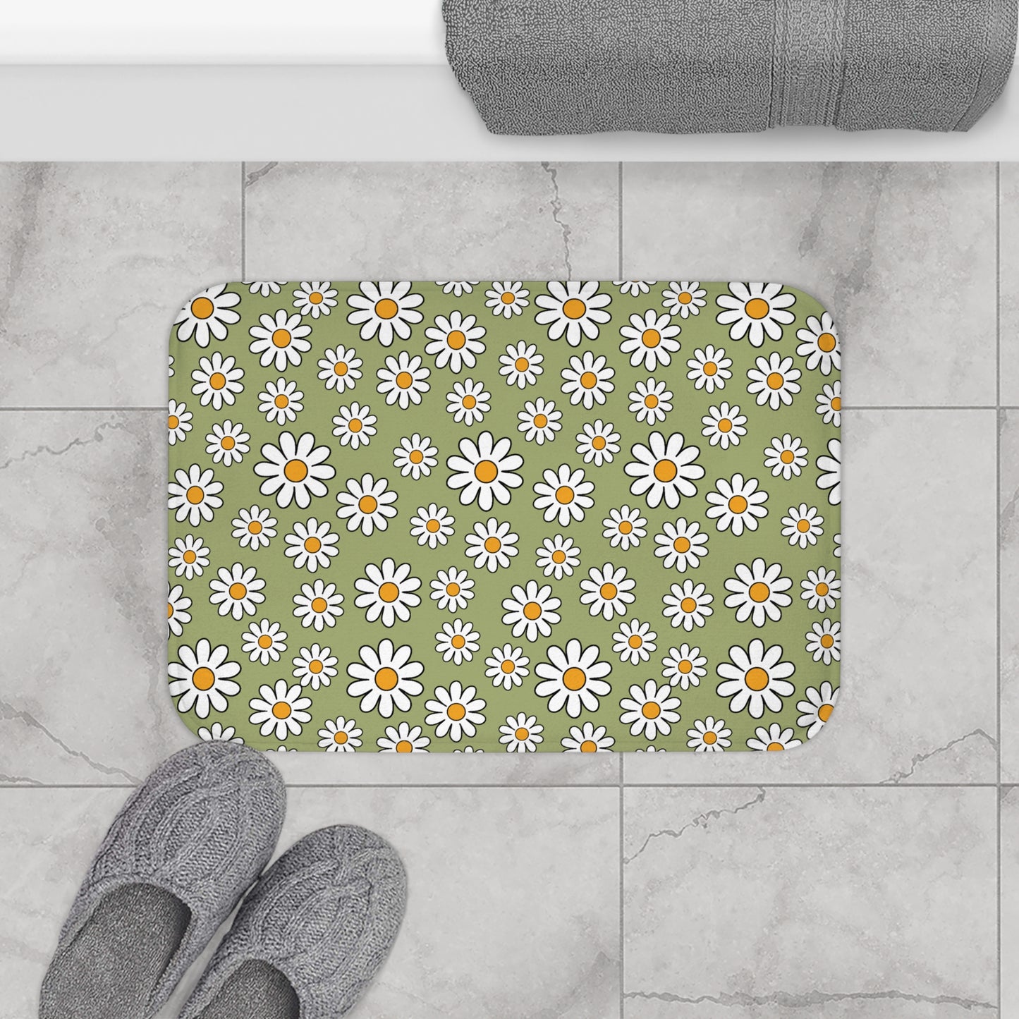 Retro 60's Daisy Sage Green MCM Boho Bath Mat