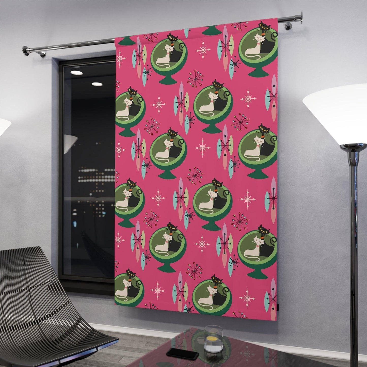 Retro 50s Cat Couple Ball Chair Pink & Green MCM Blackout Window Curtain | lovevisionkarma.com