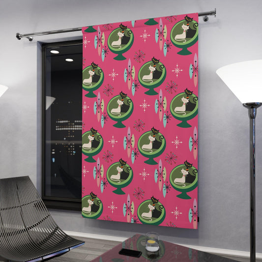 Retro 50s Cat Couple Ball Chair Pink & Green MCM Blackout Window Curtain | lovevisionkarma.com