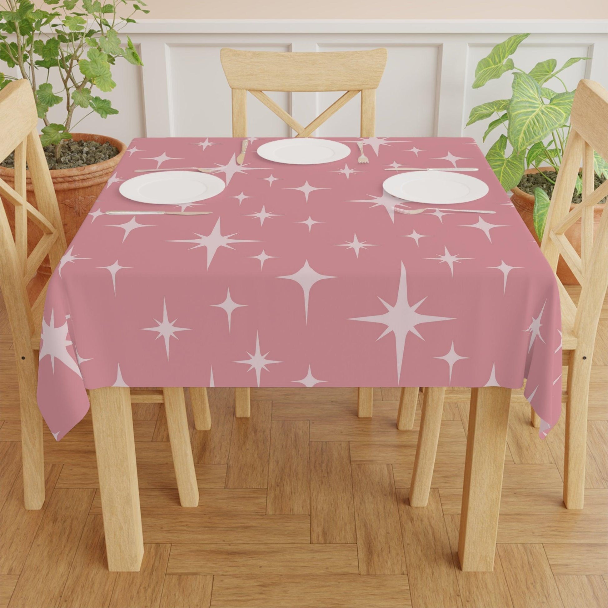 Retro 50s Atomic Starburst Pink Mid Century Modern Tablecloth | lovevisionkarma.com