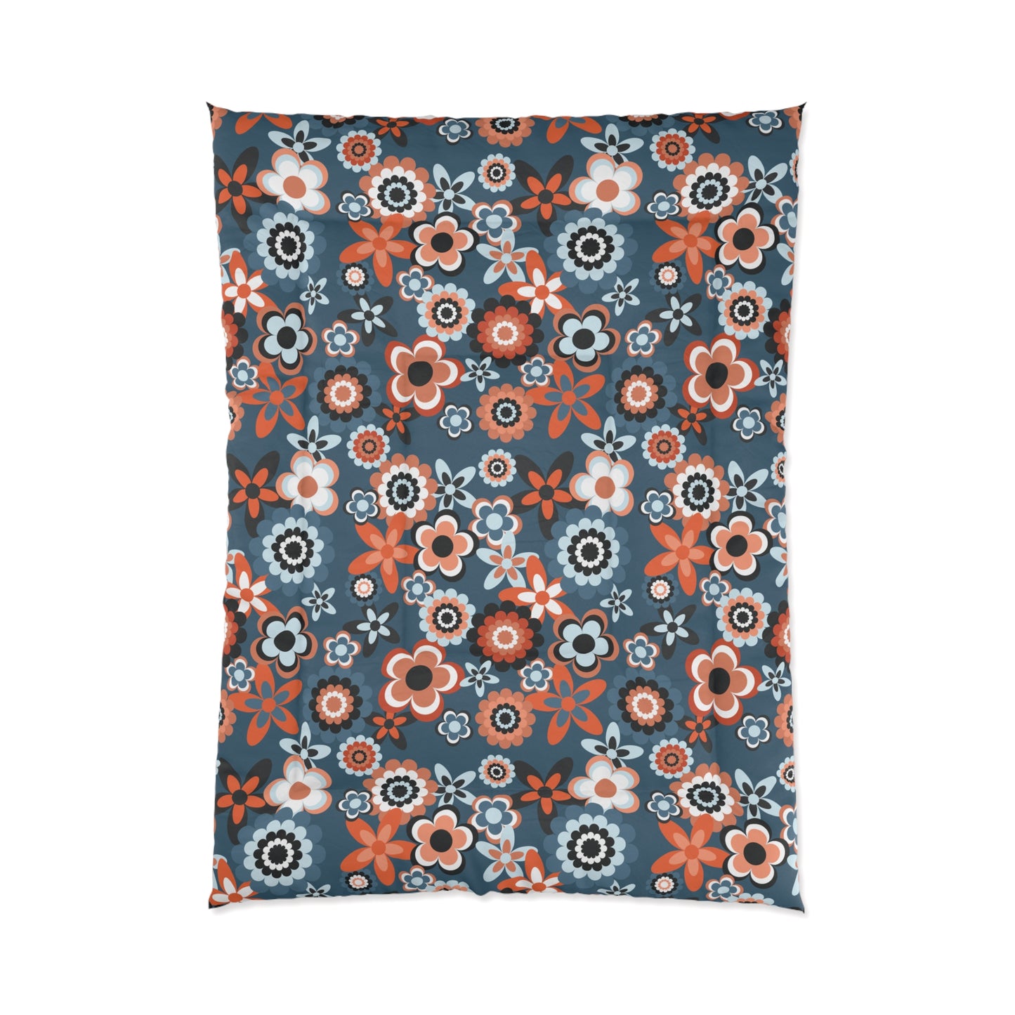 Retro 60s 70s Groovy Flowers Mid Century Mod Coral & Blue Comforter