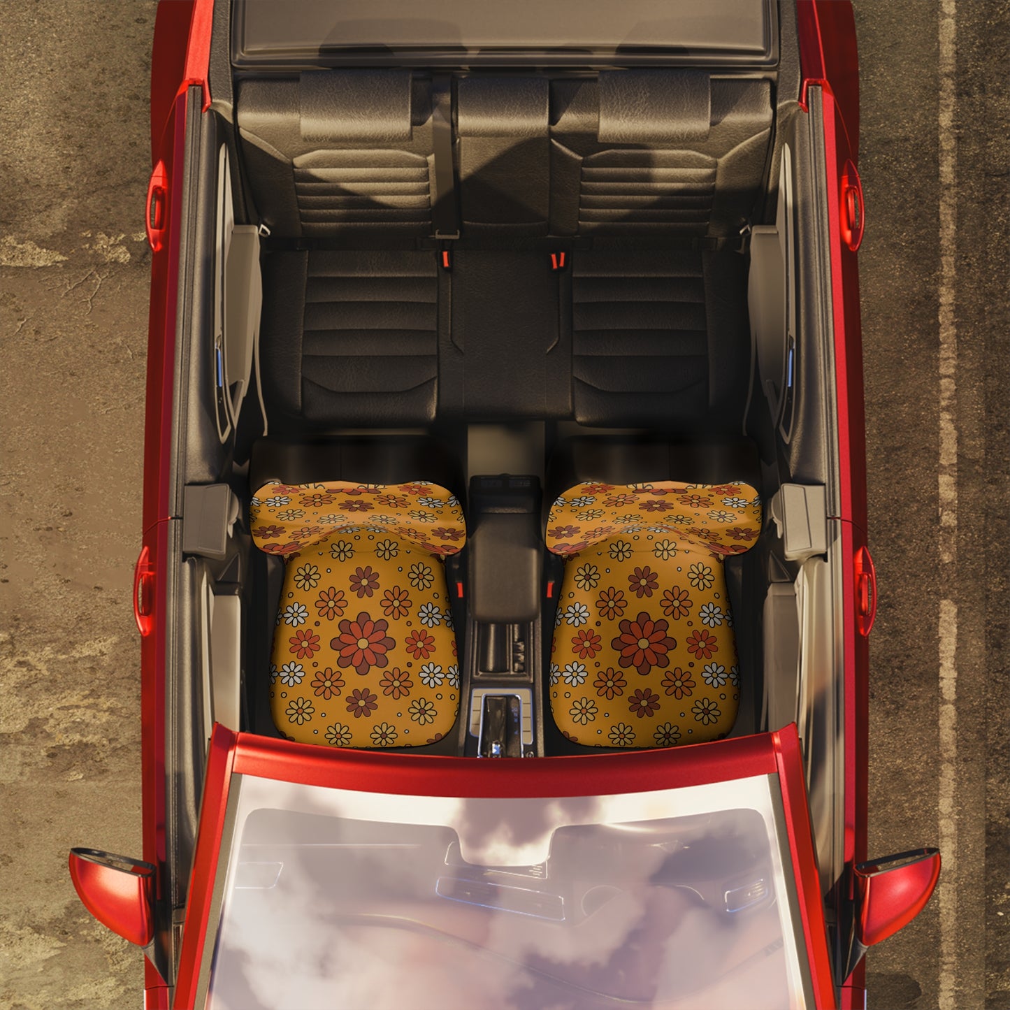 Retro 60s 70s Groovy Mod Daisy Floral Mid Century Orange & Brown Car Seat Covers